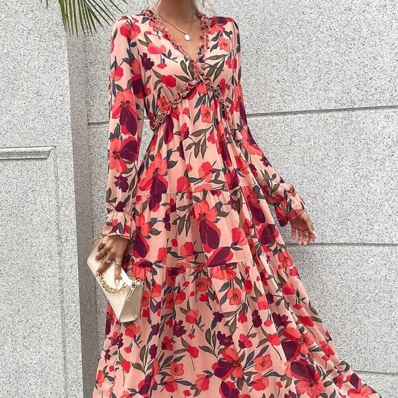 Multicolor Boho Women's Allover Floral Print Lantern Sleeve Ruffle Hem Dress - Picture 5 of 6